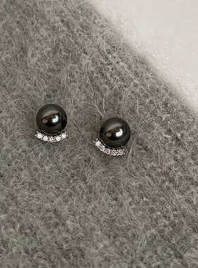 DOUDOUSTORE 黑色笑弧925银针精致弧度黑珍珠耳钉显气质耳环耳饰