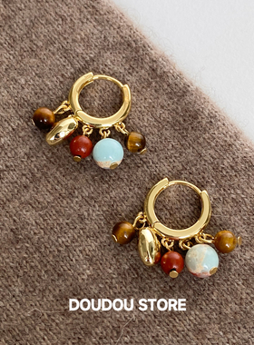 DOUDOUSTORE撞色红色串珠爱心耳圈女个性款新年秋冬耳环复古彩色