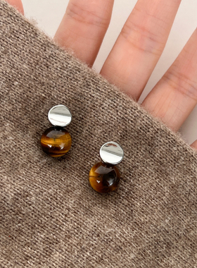 DOUDOUSTORE焦糖咖啡925银针小众几何圆形虎眼石美拉德耳钉耳环