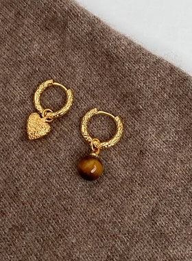 DOUDOUSTORE美拉德虎眼石爱心不对称耳扣耳圈气质洋气耳环耳饰