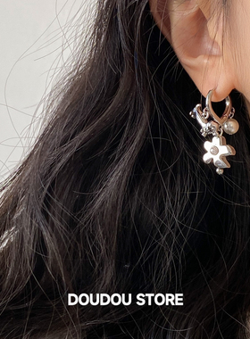 DOUDOUSTORE花与小狗可爱甜酷珍珠耳环女潮流饰品个性设计感ins