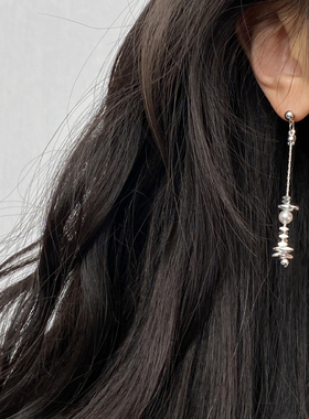 DOUDOUSTORE 925银针流苏液态碎银子珍珠耳环女原创设计感小众ins