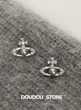 DOUDOUSTORE925银针简约灰色珍珠土星耳钉星球耳环高级感小巧女潮