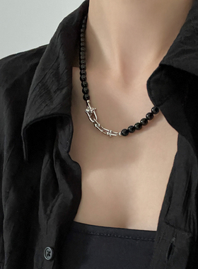 DOUDOUSTORE黑玛瑙项链fever博主拼接链条潮酷高级手工串珠锁骨链