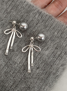 DOUDOUSTORE925银针少女心冷感蝴蝶结清冷灰色珍珠长款耳环女耳饰