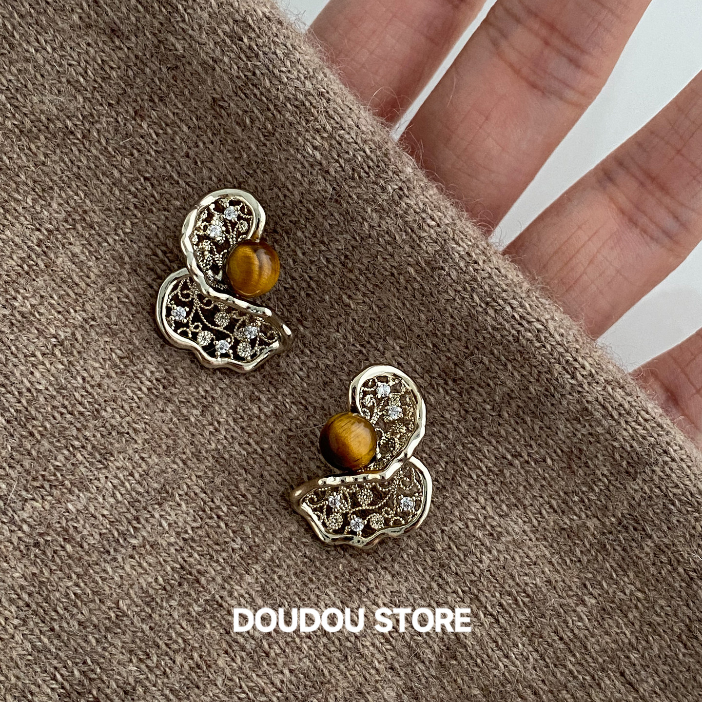 DOUDOUSTORE 鎏金蕾丝999银针复古天然石美拉德法式花边耳环女ins