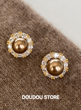 DOUDOUSTORE925银针老钱风锆石咖色珍珠耳钉女巴恩风耳环气质时尚