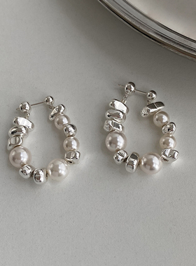 DOUDOUSTORE925银针碎银子珍珠白设计感不规则耳环女简约百搭耳饰