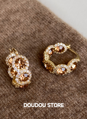 【新品88折】爆闪!茶色满钻复古显白显脸小方圆脸耳环咖色耳圈女