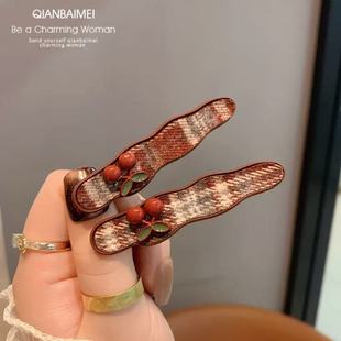 复古格纹发夹女小清新边发夹樱桃金属刘海夹侧边夹百搭发饰发卡