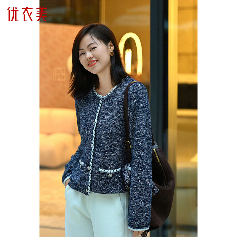 优衣美新款针织开衫女宽松圆领长袖休闲保暖外套百搭14992