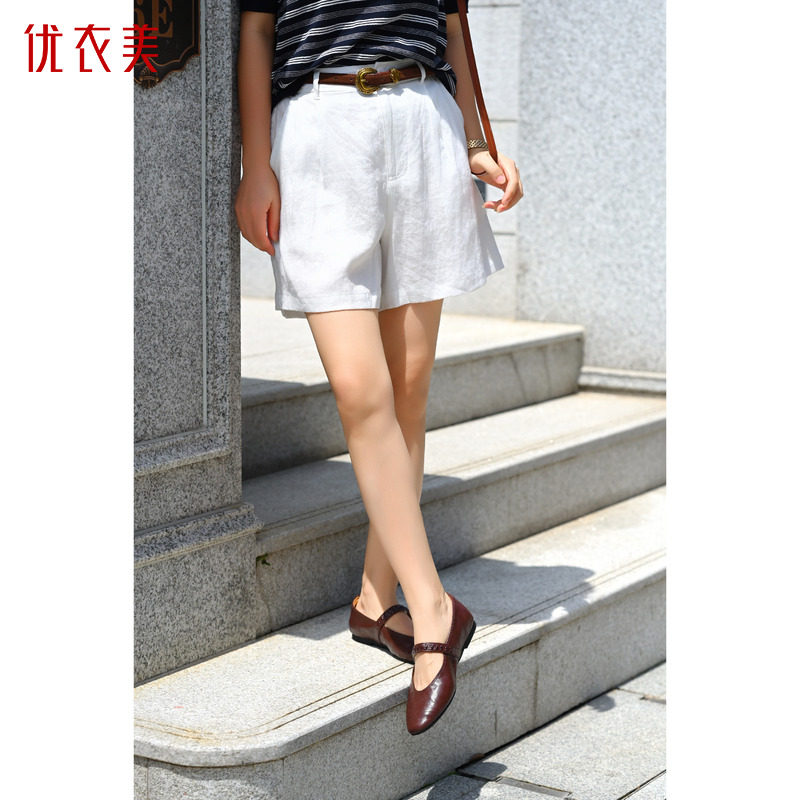优衣美亚麻短裤夏季薄款中高腰休闲裤女裤子23867
