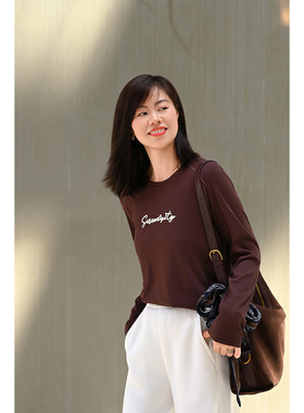 优衣美女士纯色长袖字母T恤女棉柔软舒适休闲打底上衣12666