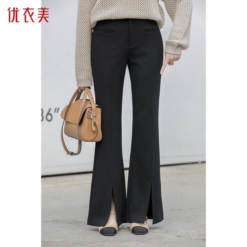 优衣美显瘦修身黑色裤子垂坠显瘦开叉微喇休闲裤女裤子23699
