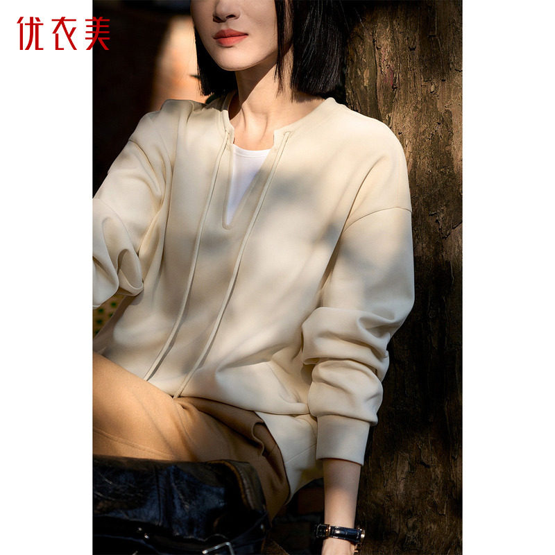 优衣美春季新款加厚连帽套头卫衣通勤拼色直筒长袖休闲38016