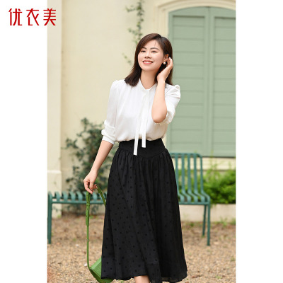 优衣美女装新款绑带设计减龄小宽松白色宽松显瘦衬衫13199
