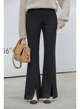 优衣美显瘦修身黑色裤子垂坠显瘦开叉微喇休闲裤女裤子23699