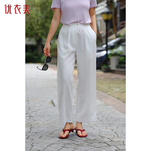 优衣美汉麻棉直筒裤高级老钱风休闲裤女裤子23872