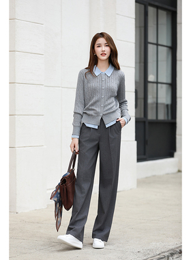 优衣美秋季新款亲肤透气针织开衫假两件拼接宽松上衣14986