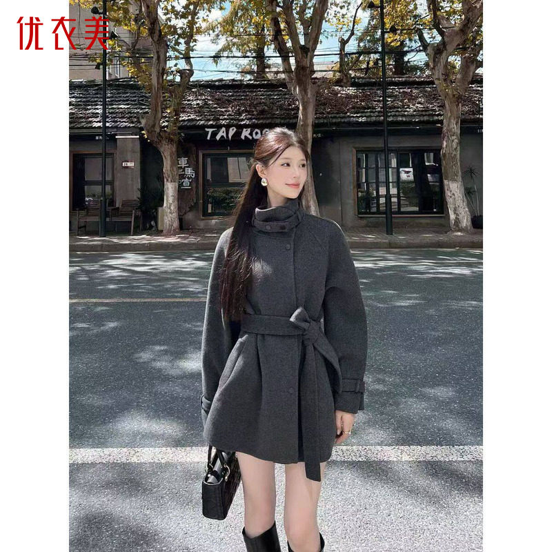 优衣美双面呢短款大衣立领系带羊毛羊绒宽松毛呢外套16157