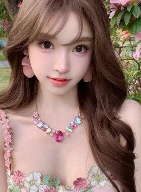 精致重工粉色系 幻彩几何水钻宝石项链 轻奢百搭宴会礼服锁骨链女