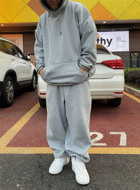 推荐hiphop嘻哈浅灰色街舞卫裤加绒宽松肥大美国冬季bboy运动长裤