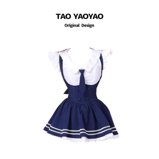 设计感飞飞袖 新款 短袖 衬衫 学院风套装 高腰显瘦背带连衣裙套装 夏季