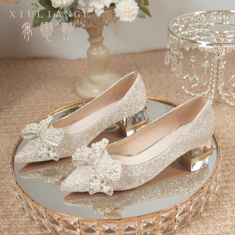 平底粗跟高跟鞋婚鞋舒适不累脚法式水晶鞋中跟百搭蝴蝶结唯美单鞋,女鞋,浅口单鞋,淘宝优惠券,粉丝福利购,淘宝优惠卷