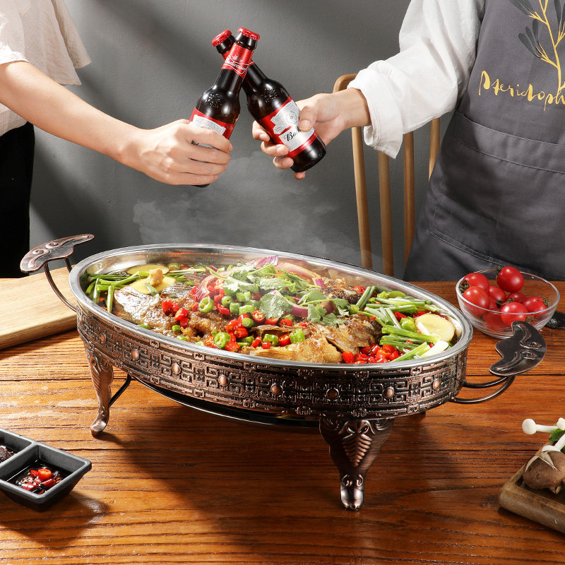 不锈钢加厚烤鱼炉炭火家用椭圆形烤鱼盘酒精炉蛋形海鲜大咖商用