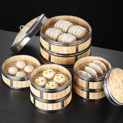 商用点心蒸屉竹制小笼包 蒸饭笼 不锈钢包边蒸格广式早茶餐厅蒸笼