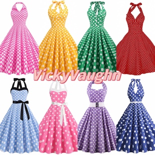 港风复古怀旧80年代少女感红波点挂脖收腰舞蹈表演服装 大摆连衣裙