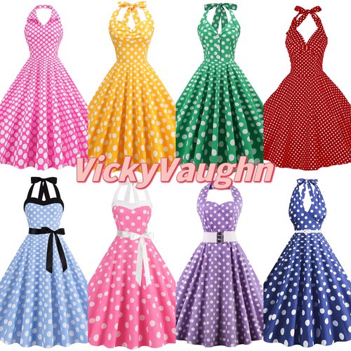 港风复古波点挂脖表演大摆裙