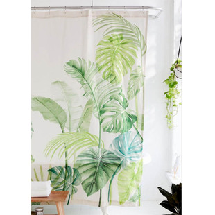 小清新北欧风浴室浴帘绿叶挂帘防水布防霉洗澡干湿分离隔断帘夏日