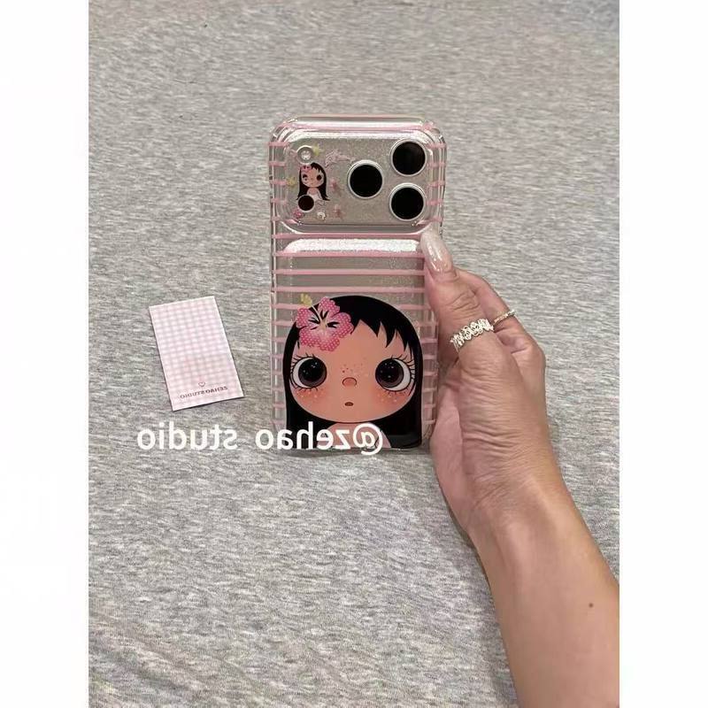 戴花14小玉适用手机壳17promaxiPhone条纹苹果16全包粉银底15新款