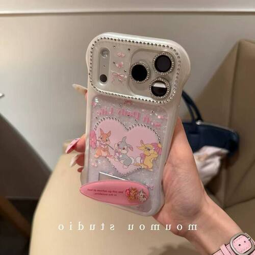 苹果16iPhoneins17promax15可爱支架手机壳贝壳闪钻纹适用pro兔子