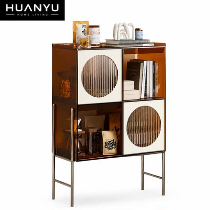 中古琥珀色亚克力长虹门展示柜轻奢不锈钢高脚客厅收纳储物餐边柜