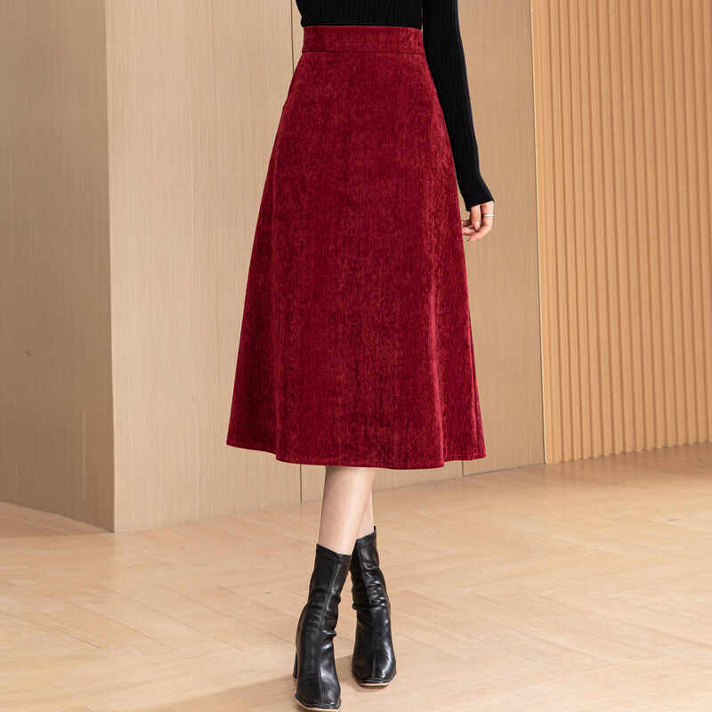 红色新款百搭半身裙女2024秋冬高腰显瘦a字半裙中长款小个子伞裙