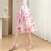 中长裙大码 清新雪纺印花半身裙女夏季 新款 高腰裙大摆小个子A字裙
