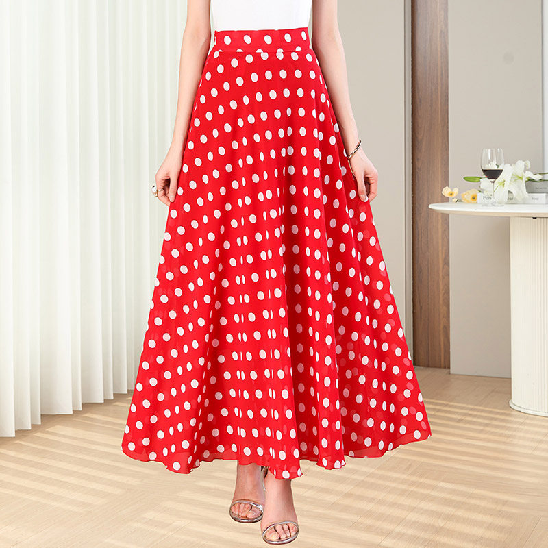 雪纺红色波点半身裙女长裙2023夏季新款高端雪纺大码a字大摆长裙