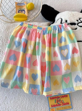 日系宽松休闲睡裤夏季云朵棉卡通可爱可外穿遛弯粉格爱心家居短裤