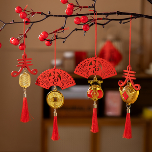 新年春节木牌灯笼客厅玄关树木挂饰物业商场绿植装饰元旦门店挂件