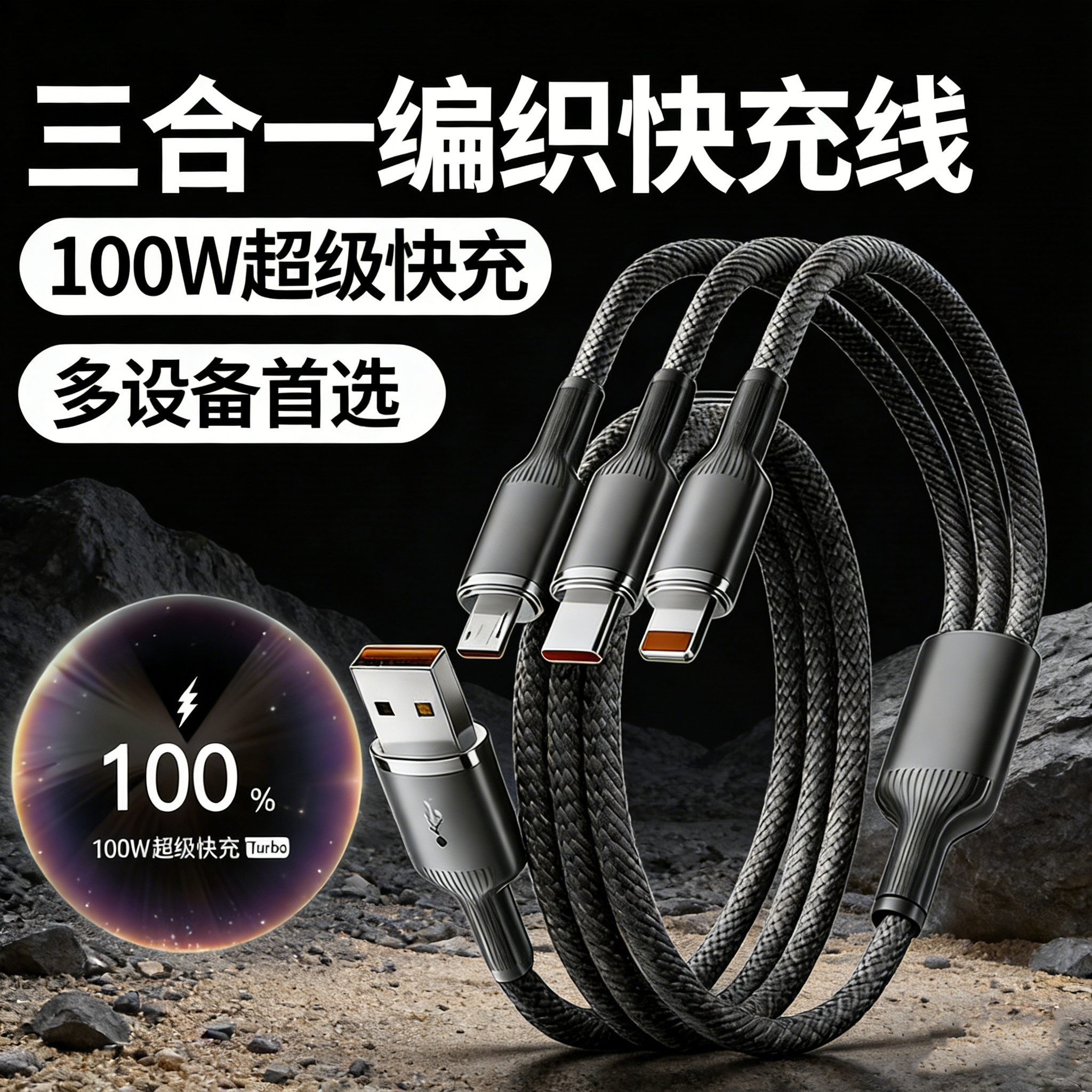 标域三合一快充线100W一拖三数据线适用苹果华为荣耀小米vivo安卓oppo手机闪充网约车载充电线编织USB多功能