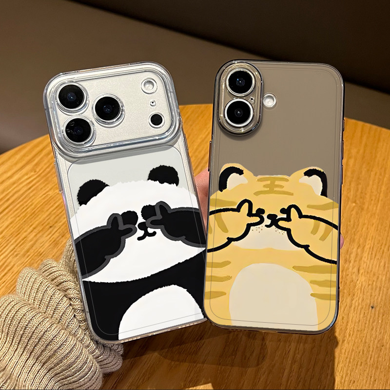 比耶熊猫老虎手机壳适用苹果17promax透明iphone16pro情侣15plus搞怪14趣味13mini可爱12新款11女x/8/xr/xs/7