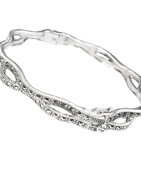 S925泰银复古手镯 镶乌金石立体双波纹 复古时尚女生节日礼物饰品