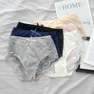 3条装日本单透明性感蕾丝中高腰女士内裤包臀无痕胖子大码短裤女