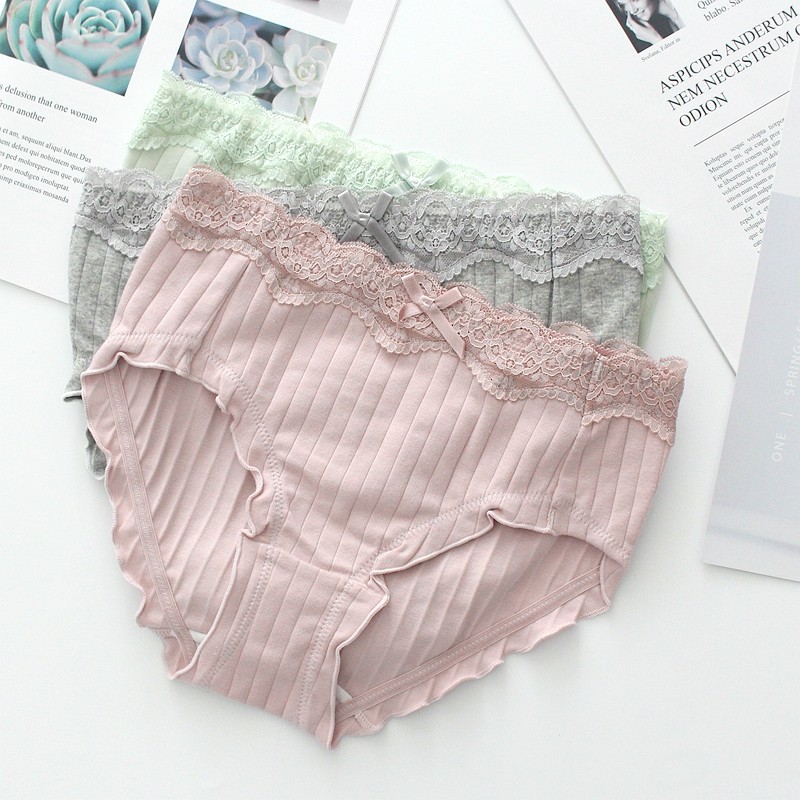 日系纯棉竖条蕾丝花边中腰内裤女荷叶边少女短裤素色全棉包臀无痕,女士内衣/男士内衣/家居服,女三角裤,淘宝优惠券,粉丝福利购,淘宝优惠卷