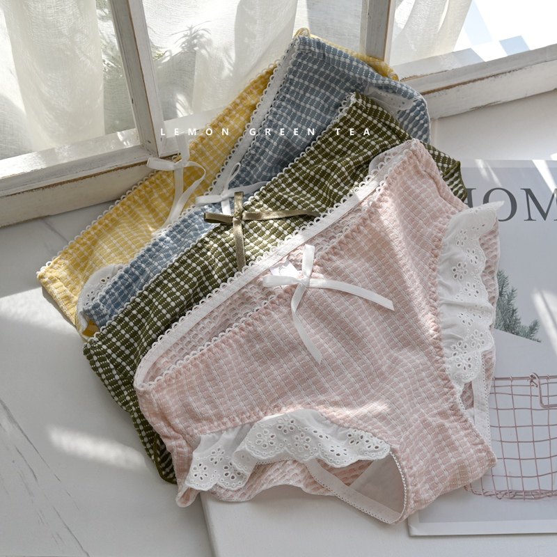日系复古日系甜美色织提花格纹纯棉少女内裤刺绣荷叶边中低腰短裤,女士内衣/男士内衣/家居服,女三角裤,淘宝优惠券,粉丝福利购,淘宝优惠卷
