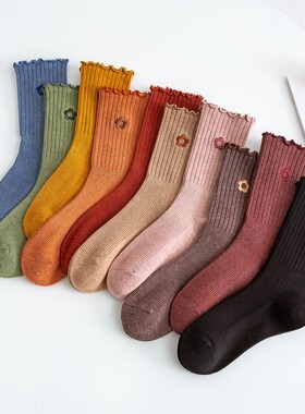 雀米泫雅小fafa刺绣木耳边 女士棉质中筒袜双针堆堆袜秋冬短袜子