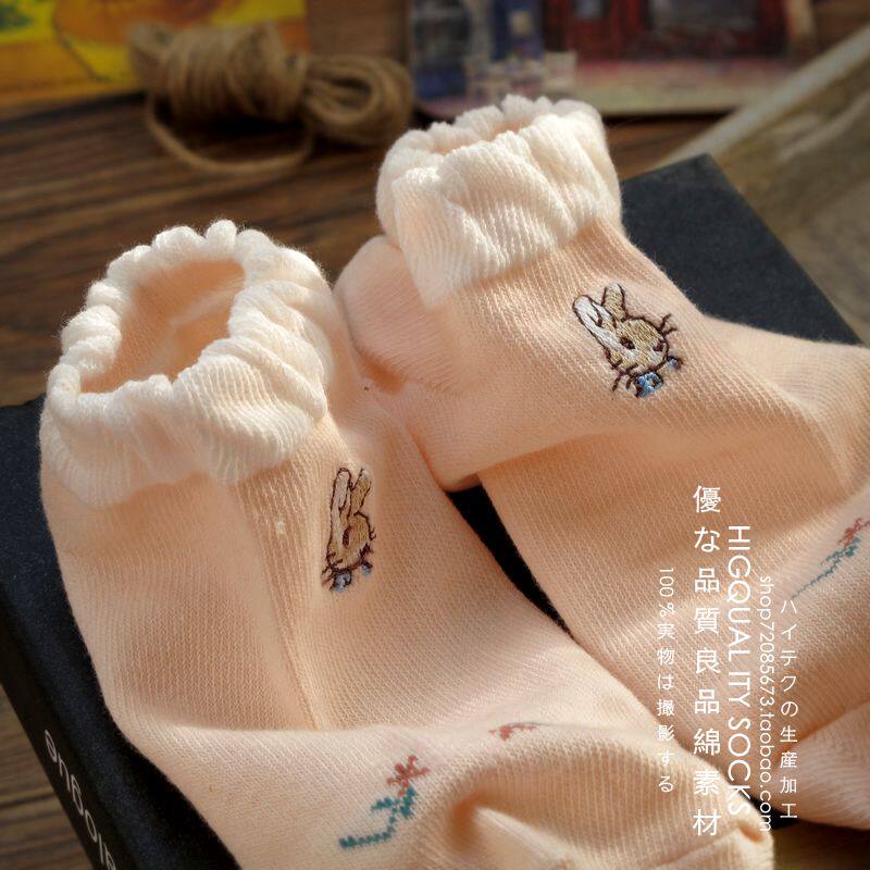 春秋日系森女田园风刺绣兔子纯色全棉卡通可爱兔船袜短袜女袜子