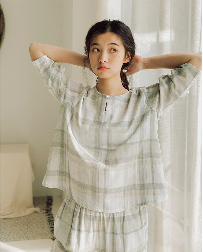 双层纱布无印风格子薄款透气睡衣
